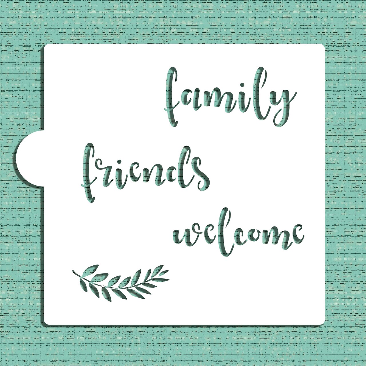 Family, Friends, Welcome Cookie &#x26; Craft Stencil | CM115 by Designer Stencils | Cookie Decorating Tools | Baking Stencils for Royal Icing, Airbrush, Dusting Powder | Craft Stencils for Canvas, Paper, Wood | Reusable Food Grade Stencil